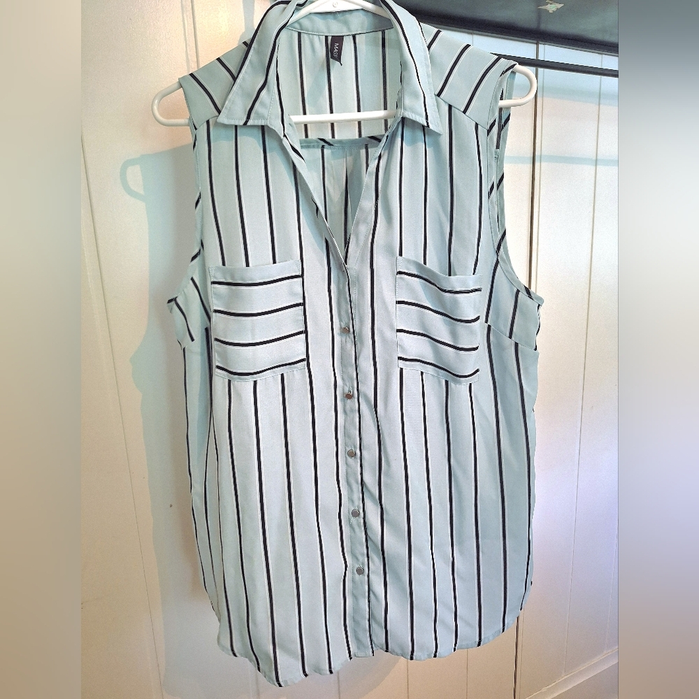 Massini Light Teal Striped Blouse Notched Collar Size XL Very Good Condition